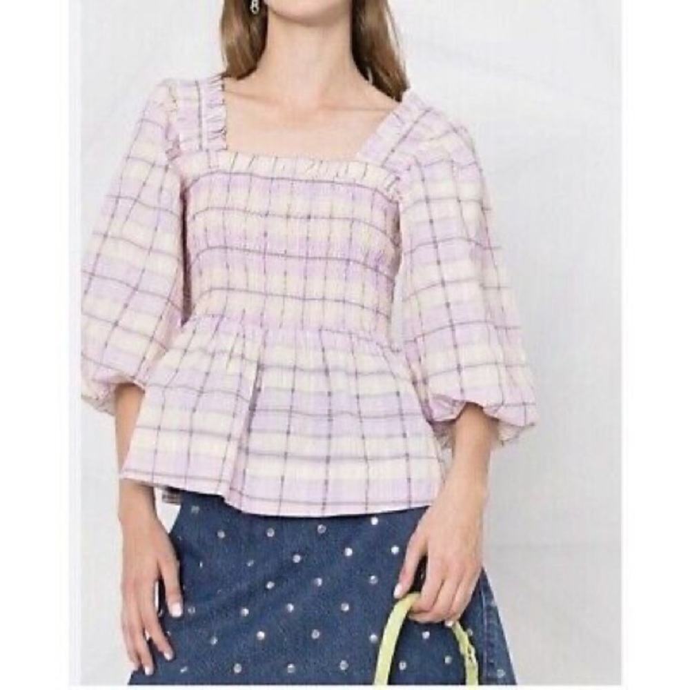NWT Ganni Smocked Seersucker Plaid Top Ballon Sleeves Purple Pink Poplin us 8/10
